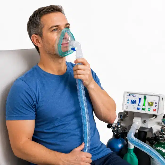 Male patient inhaling nitrous oxide through a mask during a depression treatment session at Ketamine Therapy Clinic